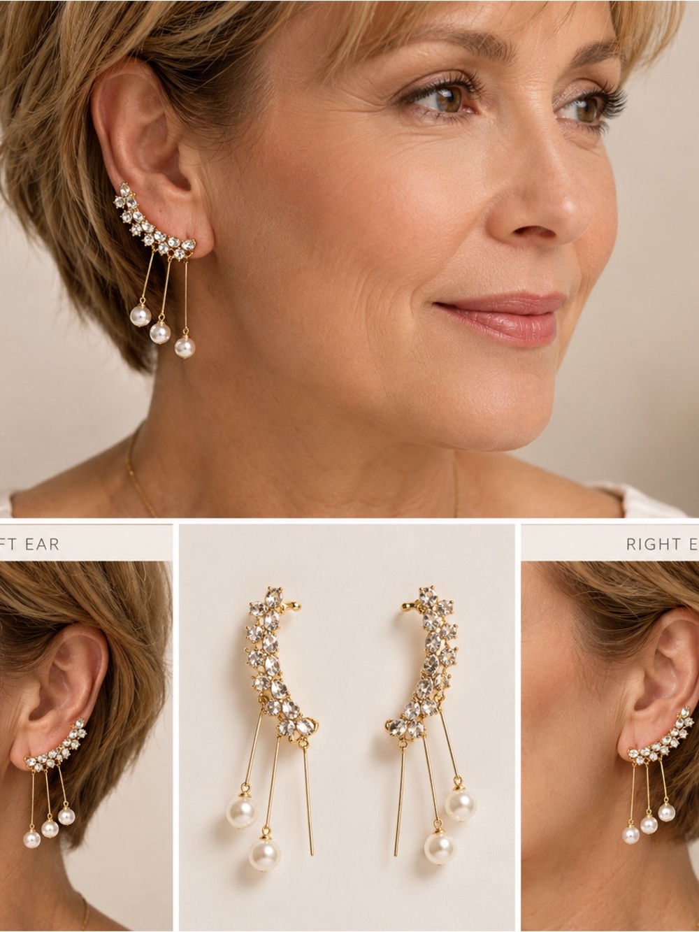 Gold Crystal and Pearl Drop Ear Crawler Earrings - Women